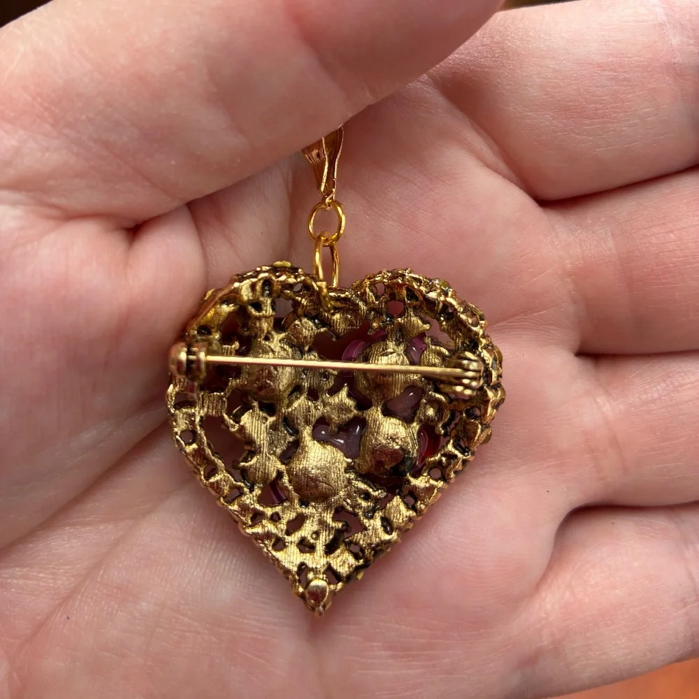 [Sparkle Video] Unique Vintage Brooch Necklace Heart Pendant - Picture 3 of 3